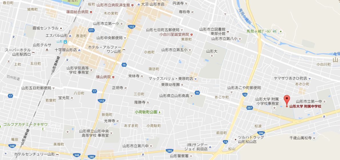 山形駅から山大附属中までの地図