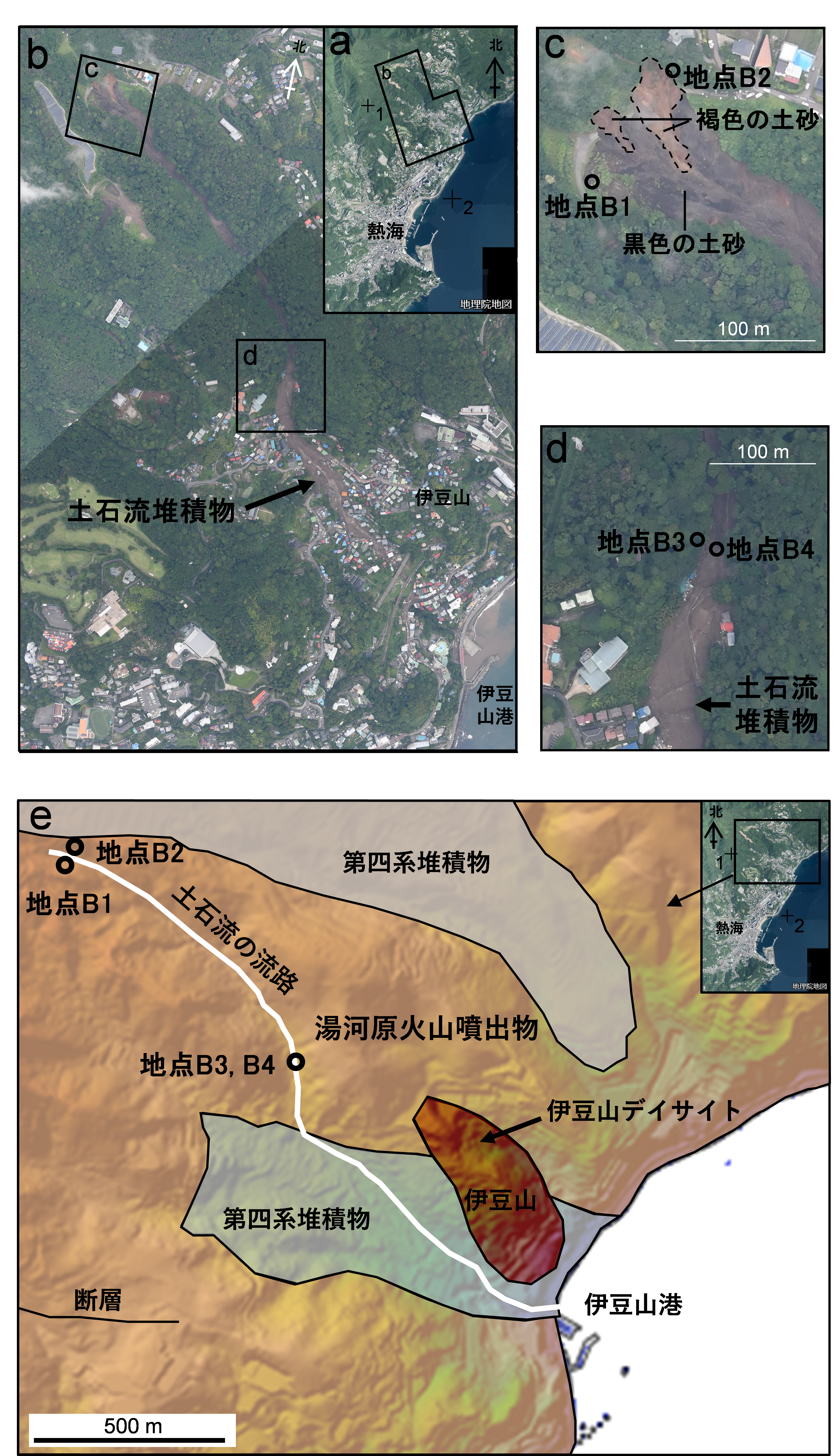 図1　熱海市伊豆山地区の土石流の流路と試料採取地点と地質．a―d: 土石流の流路と試料採取地点．e: 地質図．画像は国土地理院（2021）の写真番号48156と48158を使用，https://www.gsi.go.jp/BOUSAI/R3_0701_heavyrain.html, 2022年3月1日引用．地質図は及川・石塚 （2011）の地質図と産業技術総合研究所地質調査総合センター （2021）の地質図 Naviのシームレス地質図v2に基づいて作成．aとeの十字線1と2の緯度・経度はそれぞれ北緯35度7分0秒・東経139度4分0秒と北緯35度6分0秒・東経139度5分0秒． の画像