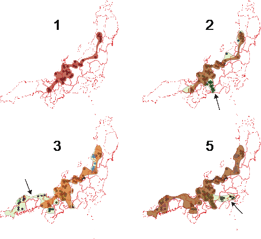 図2. ミトコンドリア遺伝子から推定された集団の分布拡大. 各数字はステップ数を示し, ステップ1が最も古い系統で, ステップ5が最も新しい系統. 矢印は新しく分布が拡大した地域を示している. ステップ2では東海地方への拡大, ステップ3では中国地方への拡大, ステップ5では関東地方への拡大が見て取れる. ステップ4の拡大は目立たない拡大であったので省略した.の画像