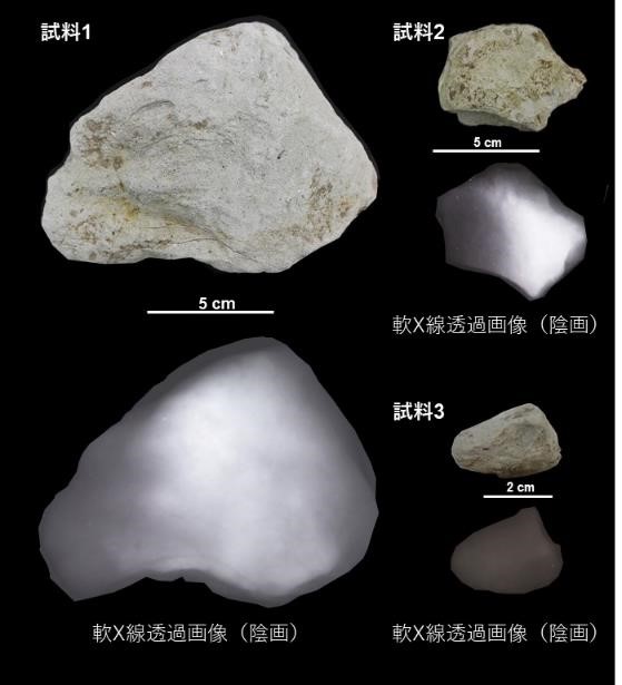 図4　軟質泥岩礫の写真と軟X線写真．1-3は試料番号．の画像