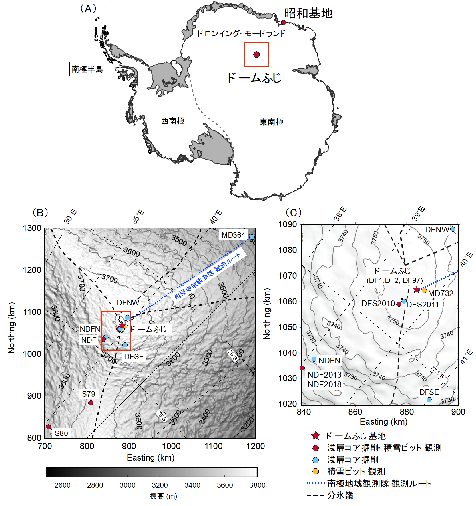 図2：（A）南極氷床の全体図。（B、C）本研究で対象としたドームふじ地域の拡大図。の画像