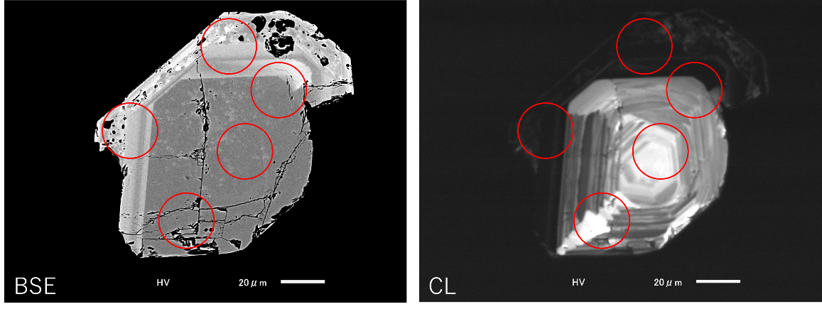 図1：大崩山花崗岩体のジルコン写真、化学組成像（左図）とカソードルミネッセンス像（※5）（右図）
図中の丸印が同時定量分析を実施した分析地点
の画像