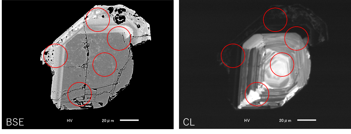 図1：大崩山花崗岩体のジルコン写真、化学組成像（左図）とカソードルミネッセンス像（※5）（右図）
図中の丸印が同時定量分析を実施した分析地点
の画像