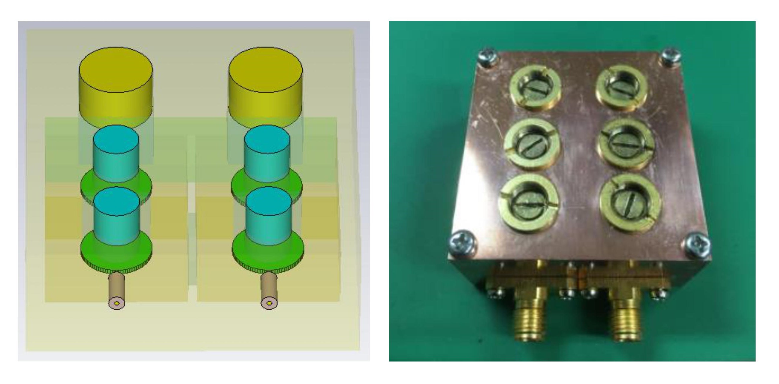 独自に開発した超伝導フィルタの一例。３次元シミュレーションによる解析（左）と実際に作製したフィルタ（右）の画像