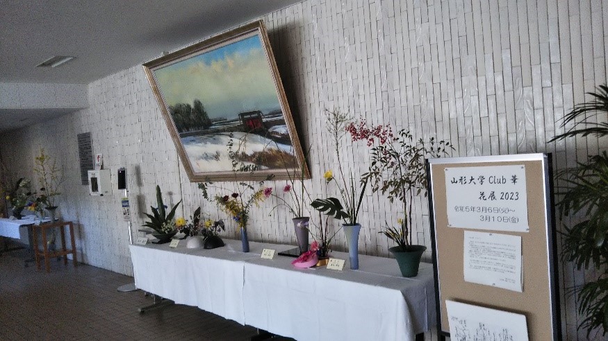 本部棟入口正面奥の壁面前に飾られたClub華の方々による生け花の作品群。（2023年3月7日撮影）の画像