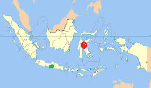インドネシア全図：赤印はスラウェシ島、緑印はガジャマダ大学のあるジョグジャカルタ市 の画像