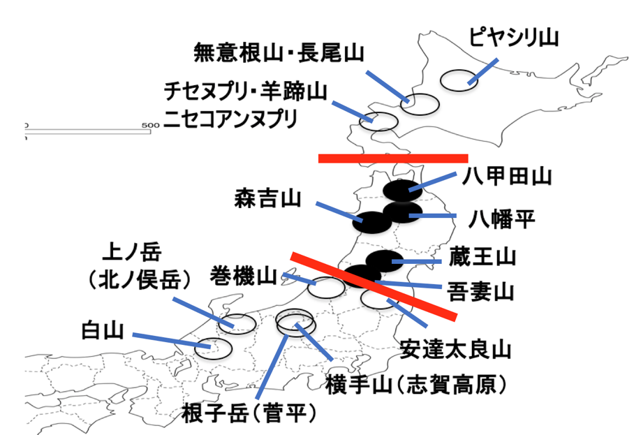 図１　樹氷（アイスモンスター）の分布図　黒丸は毎冬に樹氷（アイスモンスター）のが見られる地域、白丸はかつては毎冬に樹氷（アイスモンスター）が見られたが1960年代以降は毎冬に見られることはなくなってしまった地域の画像