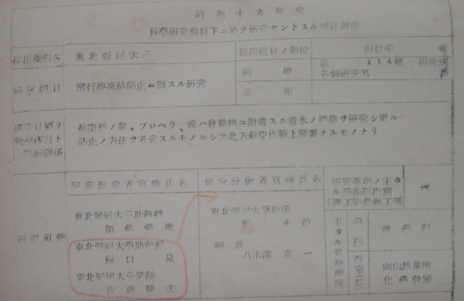 図３　昭和19年度の科研費申請書（大久保準三文書：東北大学史料館所蔵）の画像