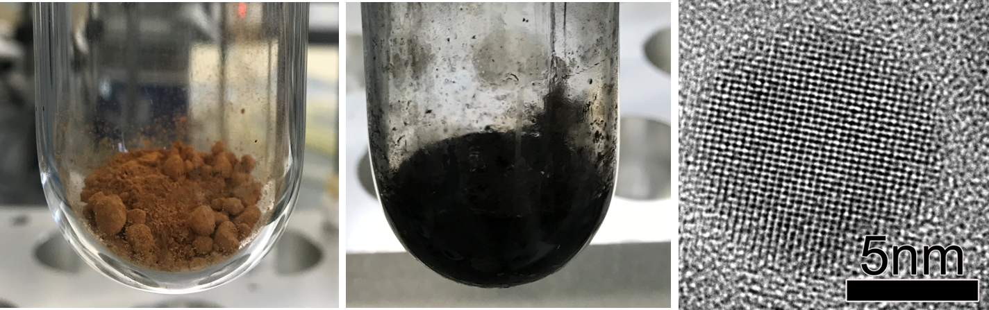 図２. 反応前の金属錯体の粉末(左)、高温で酸化鉄ナノ粒子合成中の金属錯体(中)合成された酸化鉄ナノ粒子の電子顕微鏡像(右)
の画像