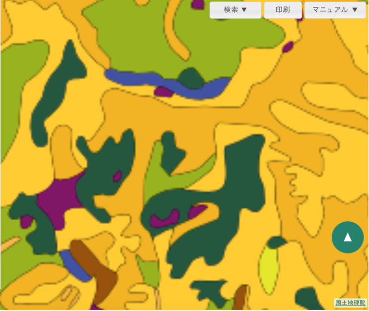 図３　環境省自然環境局　生物多様性センター　自然環境調査Web-GIS所載の植生図　植生調査（1/2.5）の第6−7回（1999〜2012/2013）
http://gis.biodic.go.jp/webgis/index.htmlの画像