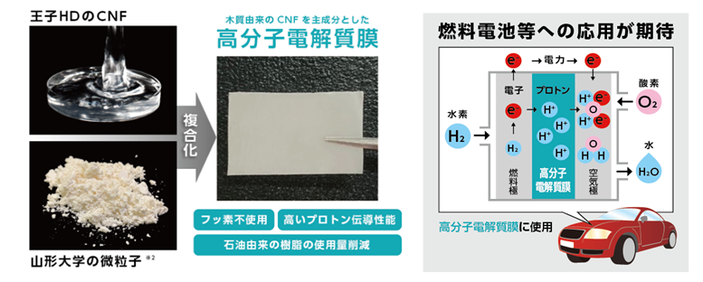 図 1. プロトン伝導性微粒子と王子HD独自のCNFを複合化した高分子電解質膜とその応用の画像