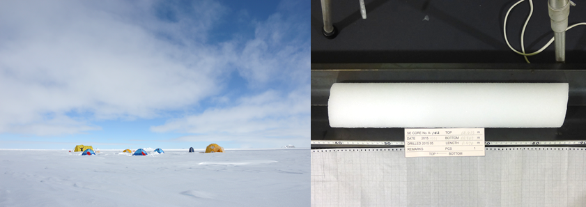 グリーンランドでの掘削キャンプ（左）と掘削されたアイスコア（右）の画像