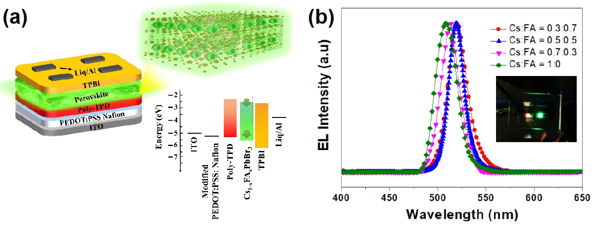 図2：Csx-1FAxPbBr3ナノ結晶LEDの(a)デバイス構造と(b)発光スペクトル。の画像