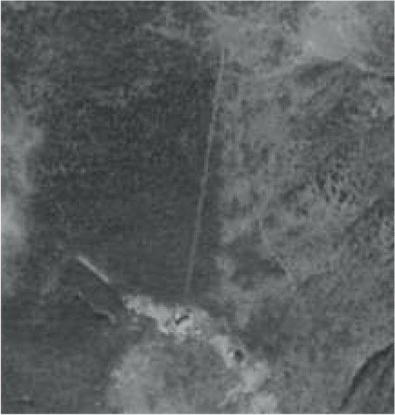 図３　1947/09/17　米軍撮影　USA-M475-17　（拡大）　南北の白線は地蔵岳山頂に向かう山道。山頂の左が「蔵王山測候所」、右が「蔵王高層気象着氷対策研究所」の画像
