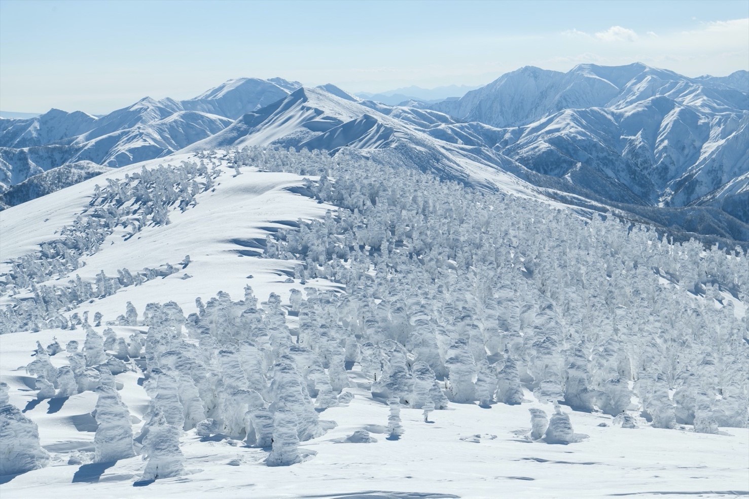 写真２　巻機山山頂（写真の下側）から南（写真の上側）に南北に伸びている峰に沿って樹氷（アイスモンスター）となっている。（2023年1月7日　漆崎隆之氏撮影）の画像