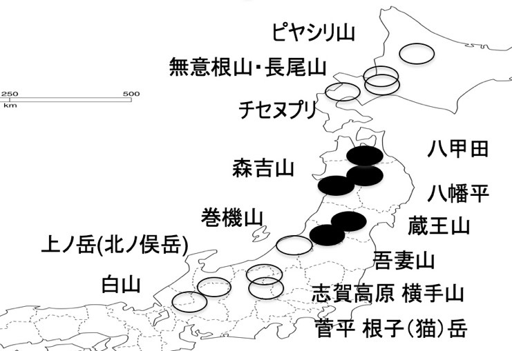 図１　樹氷の分布（黒丸は現在ある、白丸はかつてあった）　　　の画像