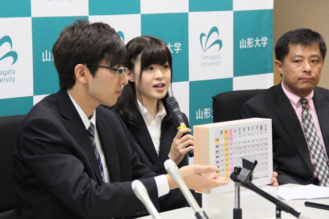 加工食品開発プロジェクトについて発表した(右から)永井毅教授、高木杏理さん(農学部4年)、永田匠さん(同学部4年)の画像
