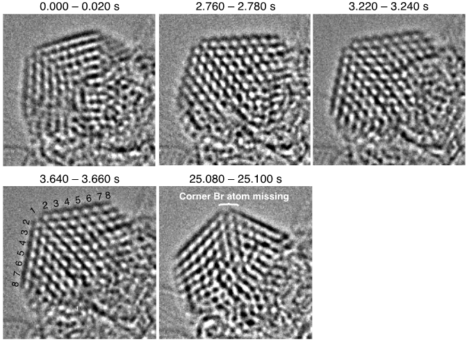 図7：一辺約2.5 nmの立方体 QDの顕微鏡像。原子レベルの精度でイメージングが可能であり、１つのQDがCs58Pb64Br232MLA8OAMH54の分子組成からなることを解明した。の画像